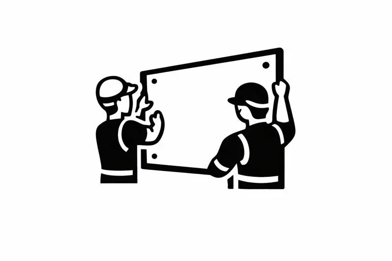Two construction workers installing a sign or board.