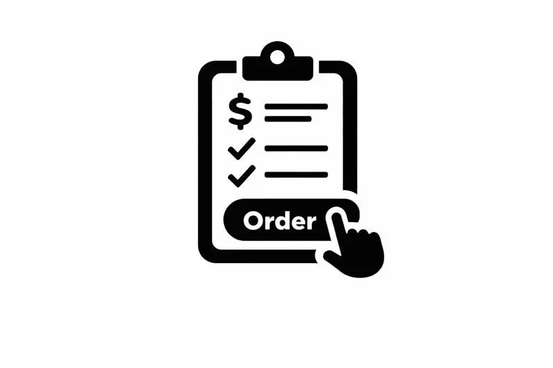 Icon of a clipboard with a checkmark list, a dollar sign, and a button labeled 'Order' with a hand clicking it.