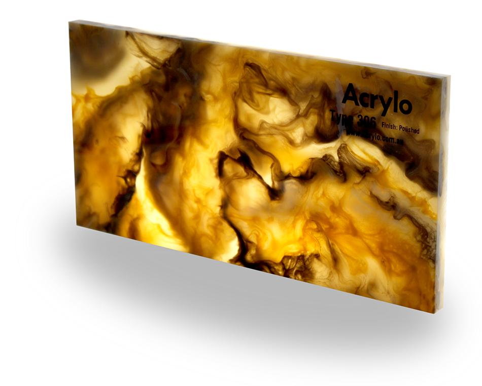 A large, polished acrylic sheet with a marbled amber and dark brown pattern, labeled as Acryl  Type 306, finish polished.