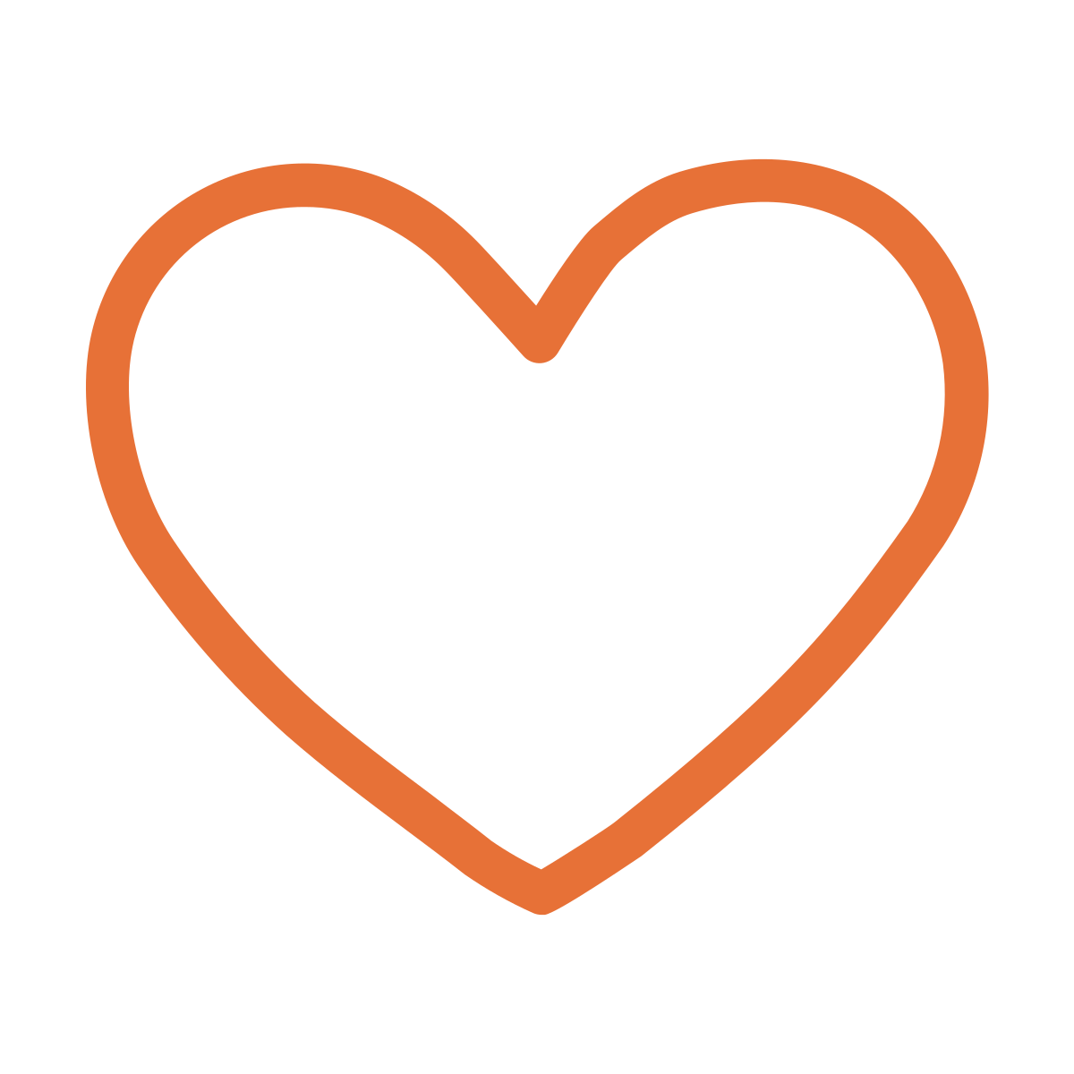 A simple outline of a heart with an orange border on a black background.