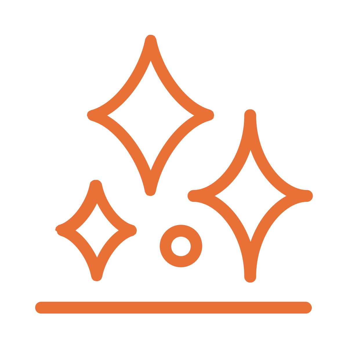 Illustration of three stylized orange sparkling stars with a horizontal line underneath on a black background.