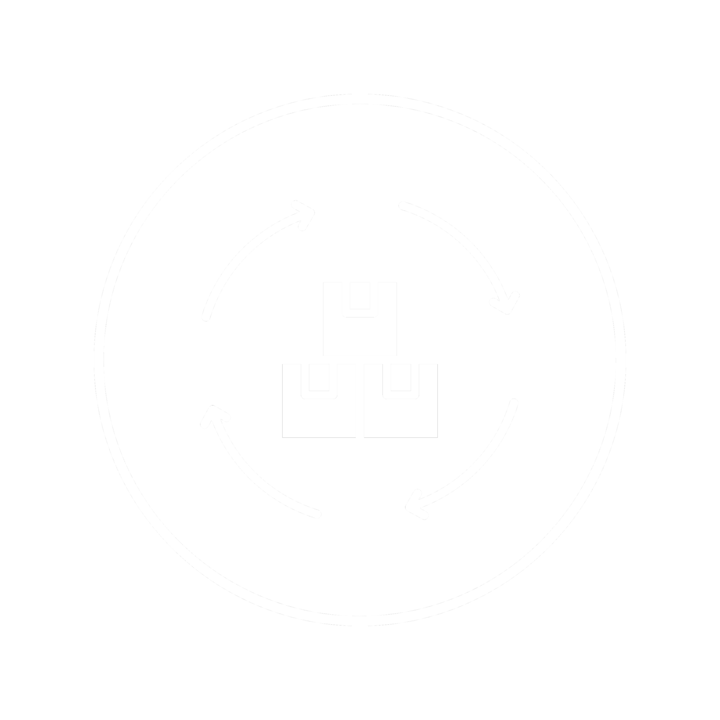 Diagram of package delivery process with three packages surrounded by circular arrows indicating an ongoing cycle.