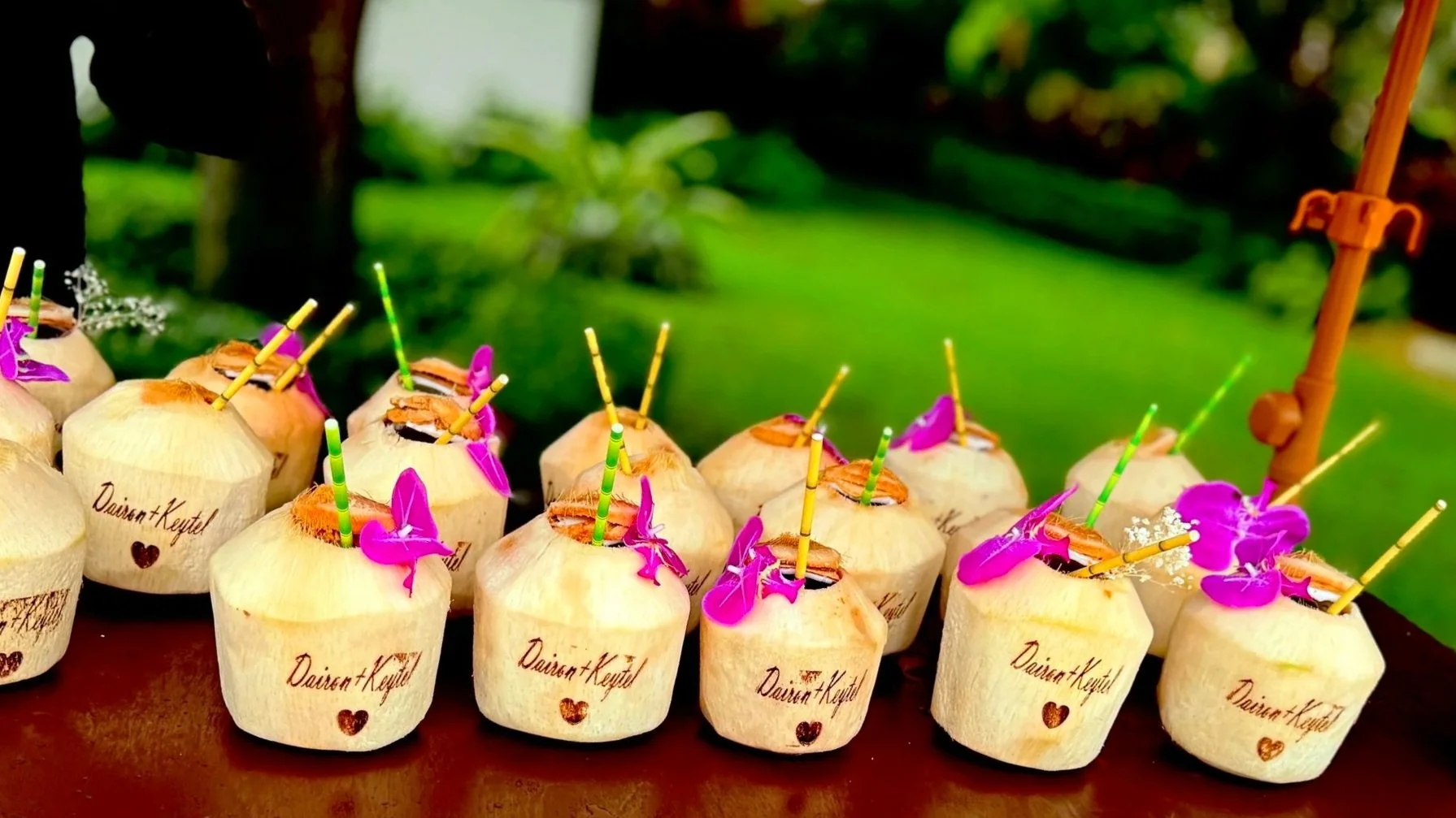 Coconuts with decorated straws, pink flowers, and handwritten labels, arranged on a wooden surface outdoors with greenery in the background.