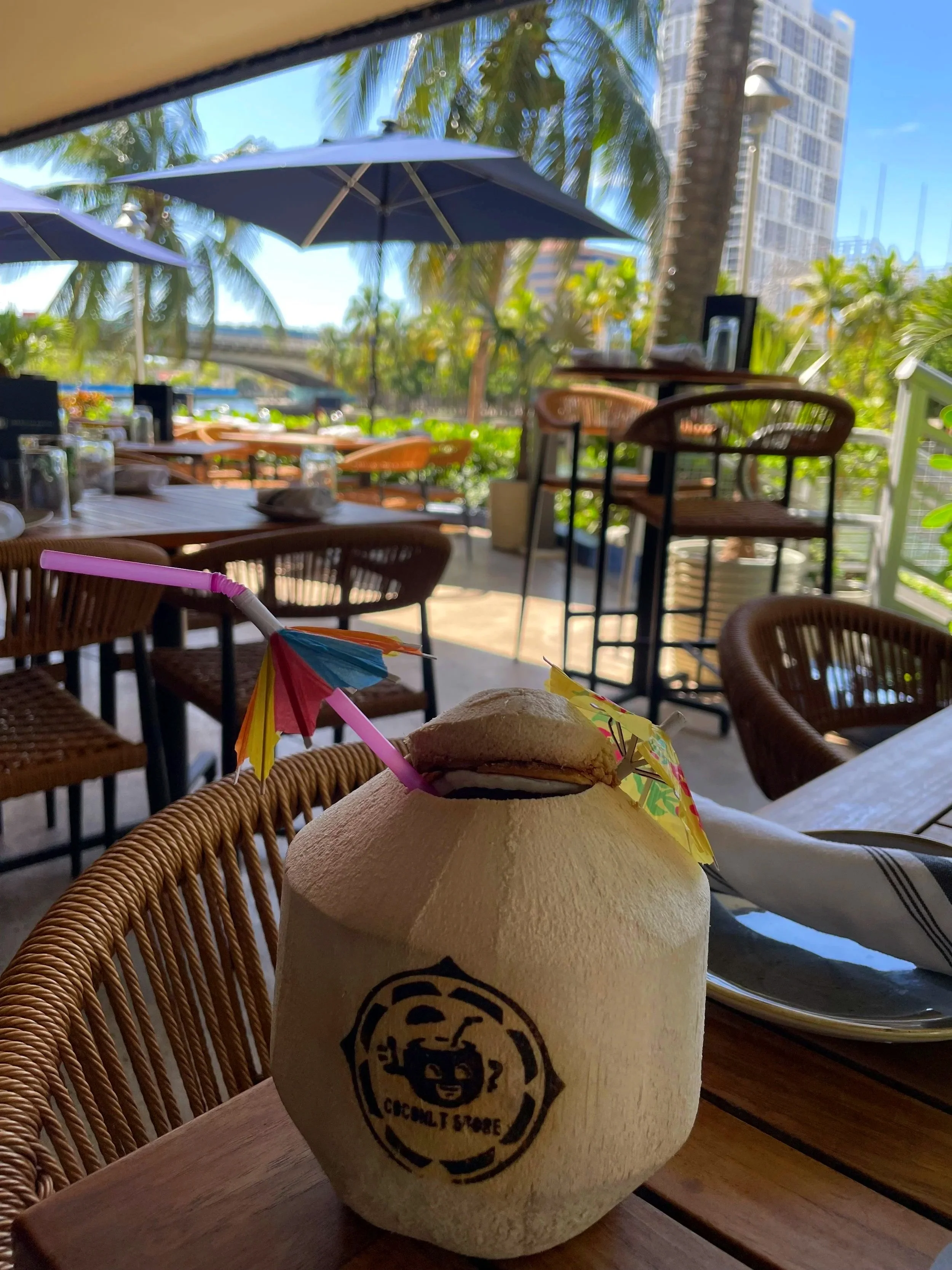 A young coconut drink with a pink straw and colorful umbrellas on a wooden table at an outdoor tropical restaurant, with sun umbrellas, palm trees, and modern buildings in the background.