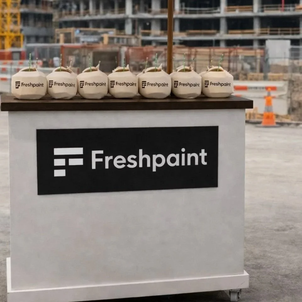 A display table with small white pumpkins decorated with sprigs of greenery and candles inside, marked with 'Freshpaint' branding, set against a construction site background.