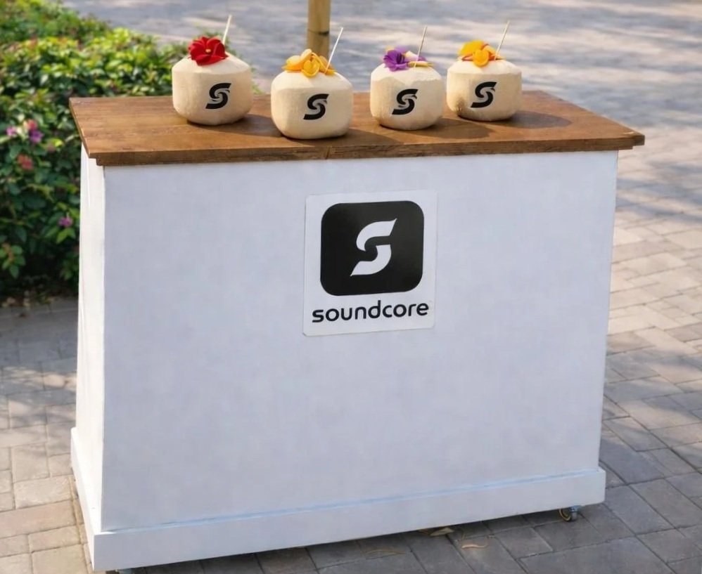 Soundcore branded table with four coconuts decorated with colorful flowers and skewers, outdoors on a paved surface.
