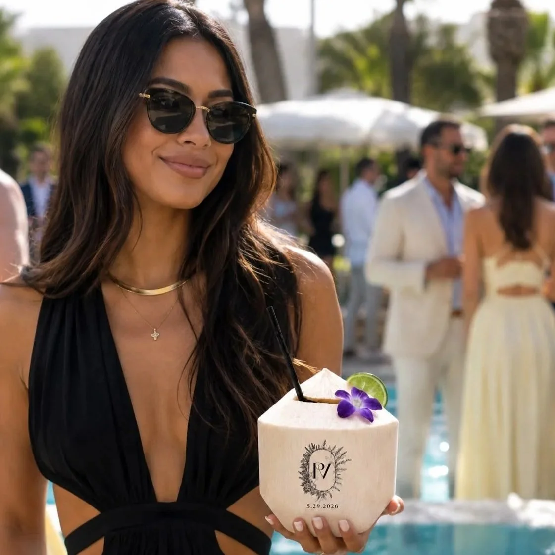 A woman in a black dress wearing sunglasses and jewelry holds a coconut drink with a lime slice and purple flower, at an outdoor event with other guests in the background.