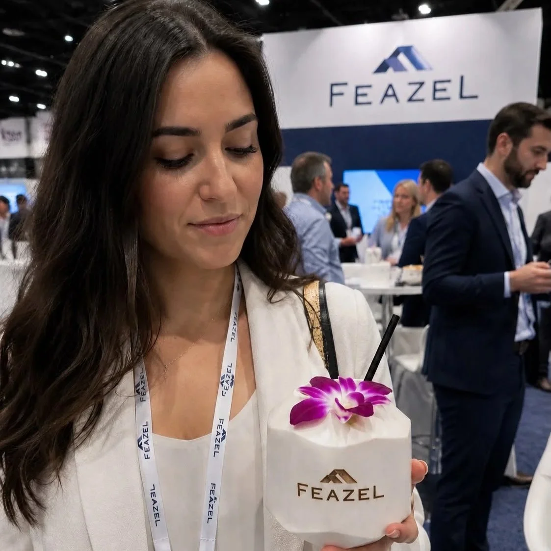A woman at a trade show holding a coconut drink with a purple flower and a straw, with a 'FEAZEL' logo on the cup, and a 'FEAZEL' booth in the background.