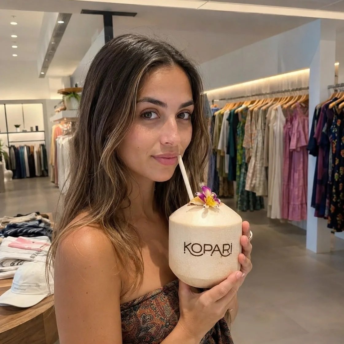 A woman with long brown hair drinking from a coconut with a straw, labeled 'KOPAR', with a flower on top, standing inside a clothing store with racks of dresses in the background.