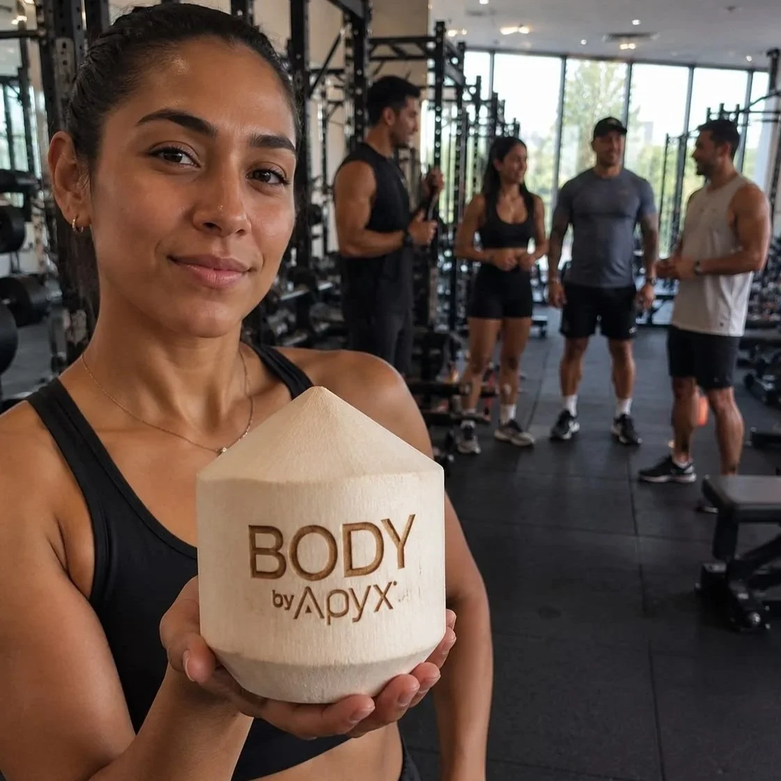 A woman in workout clothes holding a wooden item engraved with 'BODY by ΑΡΥX' in a gym, with a group of people talking in the background.