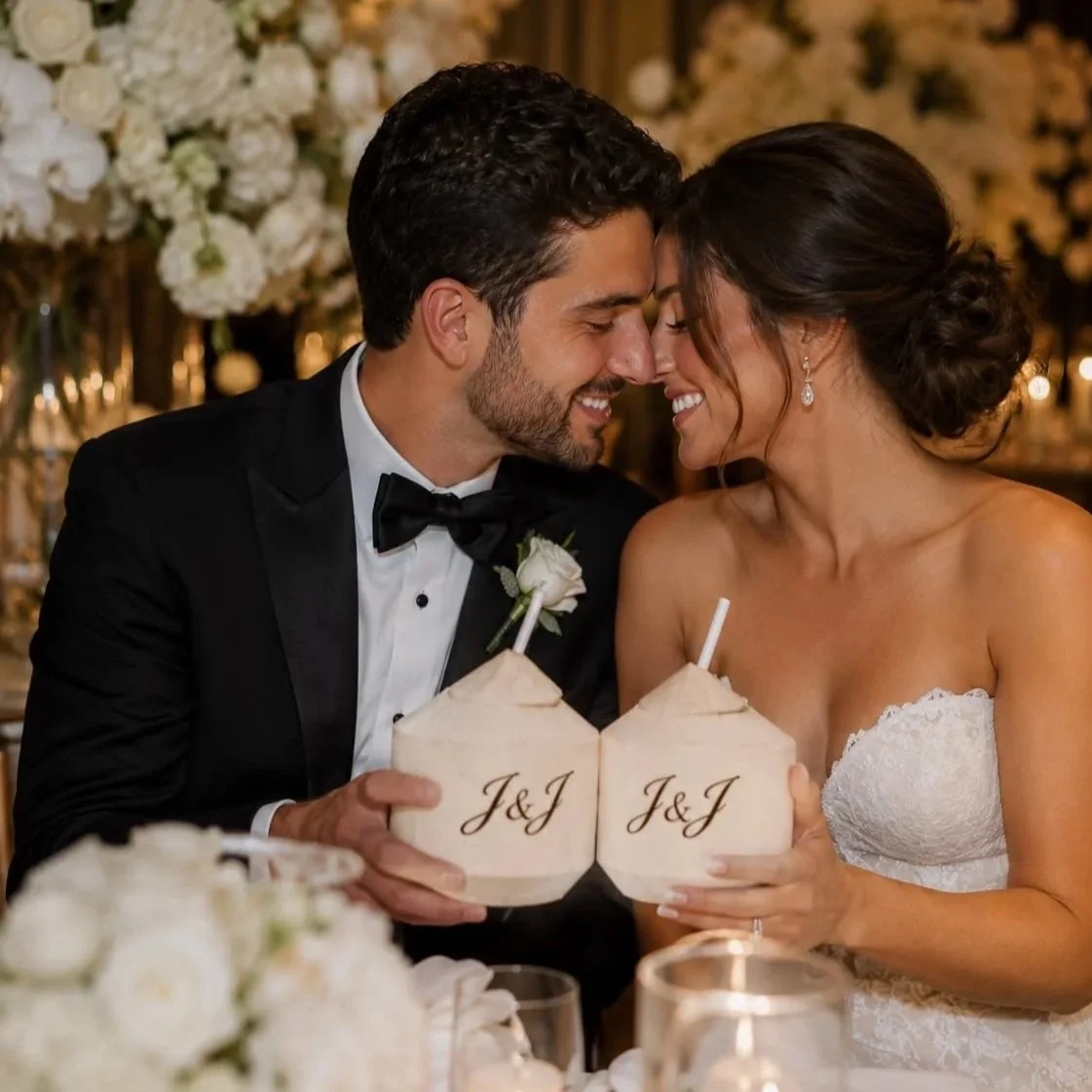 A bride and groom smiling and touching foreheads at a wedding reception, holding coconut drinks with 'J&J' written on them.