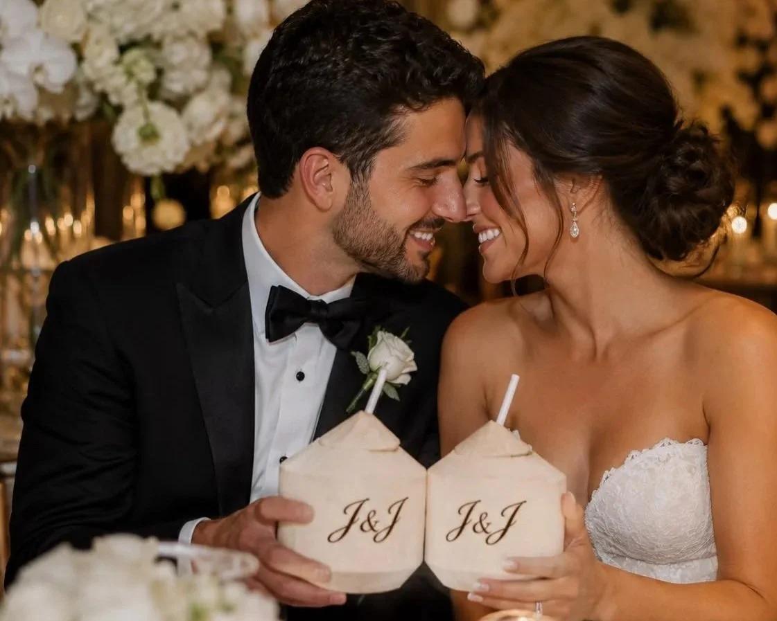 A bride and groom smiling and touching foreheads at their wedding reception, holding coconut drinks with J&J written on them, surrounded by white flowers and candles.