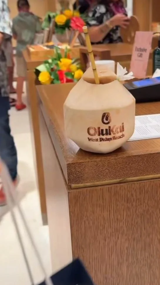 A custom branding coconut with a straw and white orchid flower in West Palm Beach, Florida.