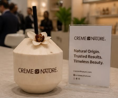 A large coconut with a straw and a flower on top, labeled 'Creme of Nature,' placed on a table next to an informational card about the brand's natural origin and beauty.