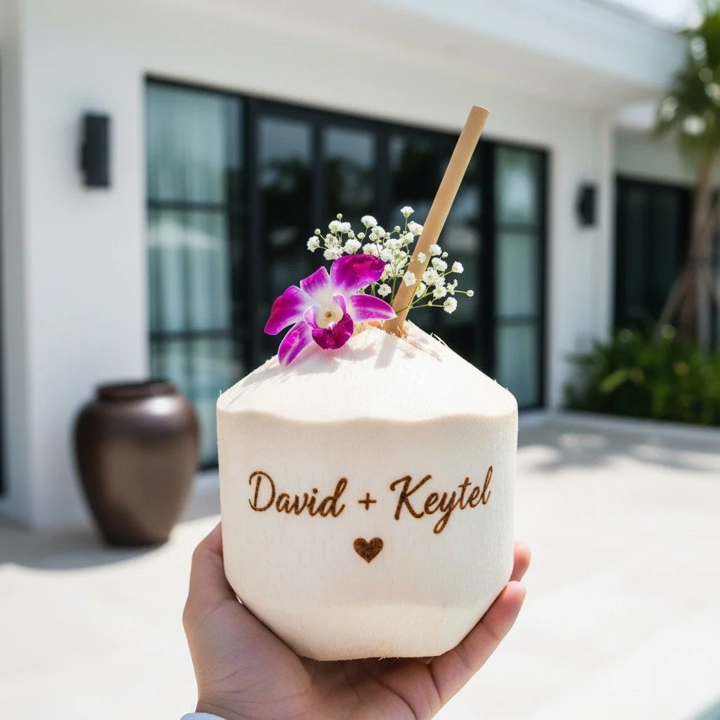 A hand holds a carved coconut with the names David and Keytel written on it, decorated with a purple orchid, white baby's breath, and a straw, in front of a modern house with sliding glass doors and outdoor plants.
