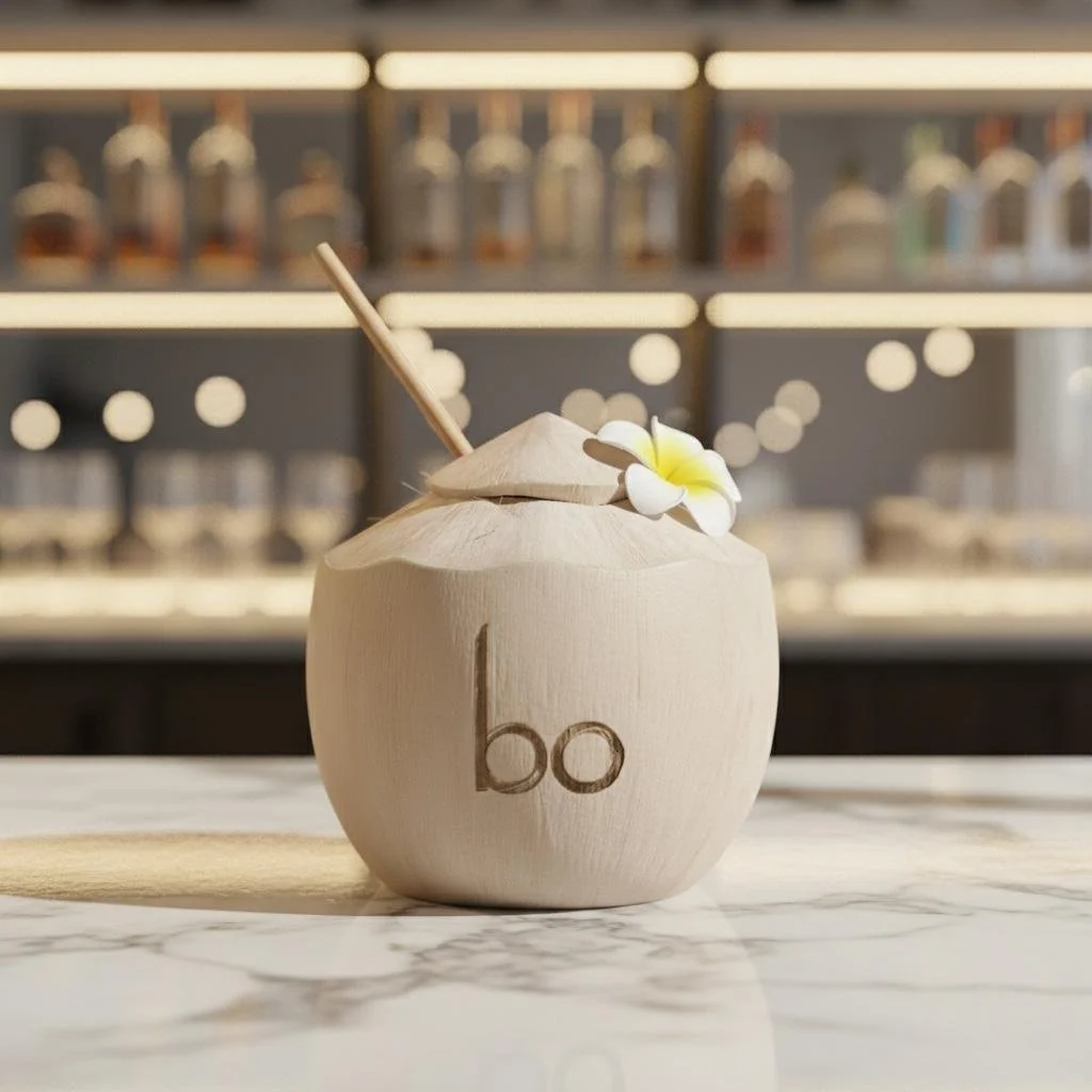 A logo engraved coconut on a marble surface with a background of blurred shelves with bottles, a stem with a flower, and a straw.