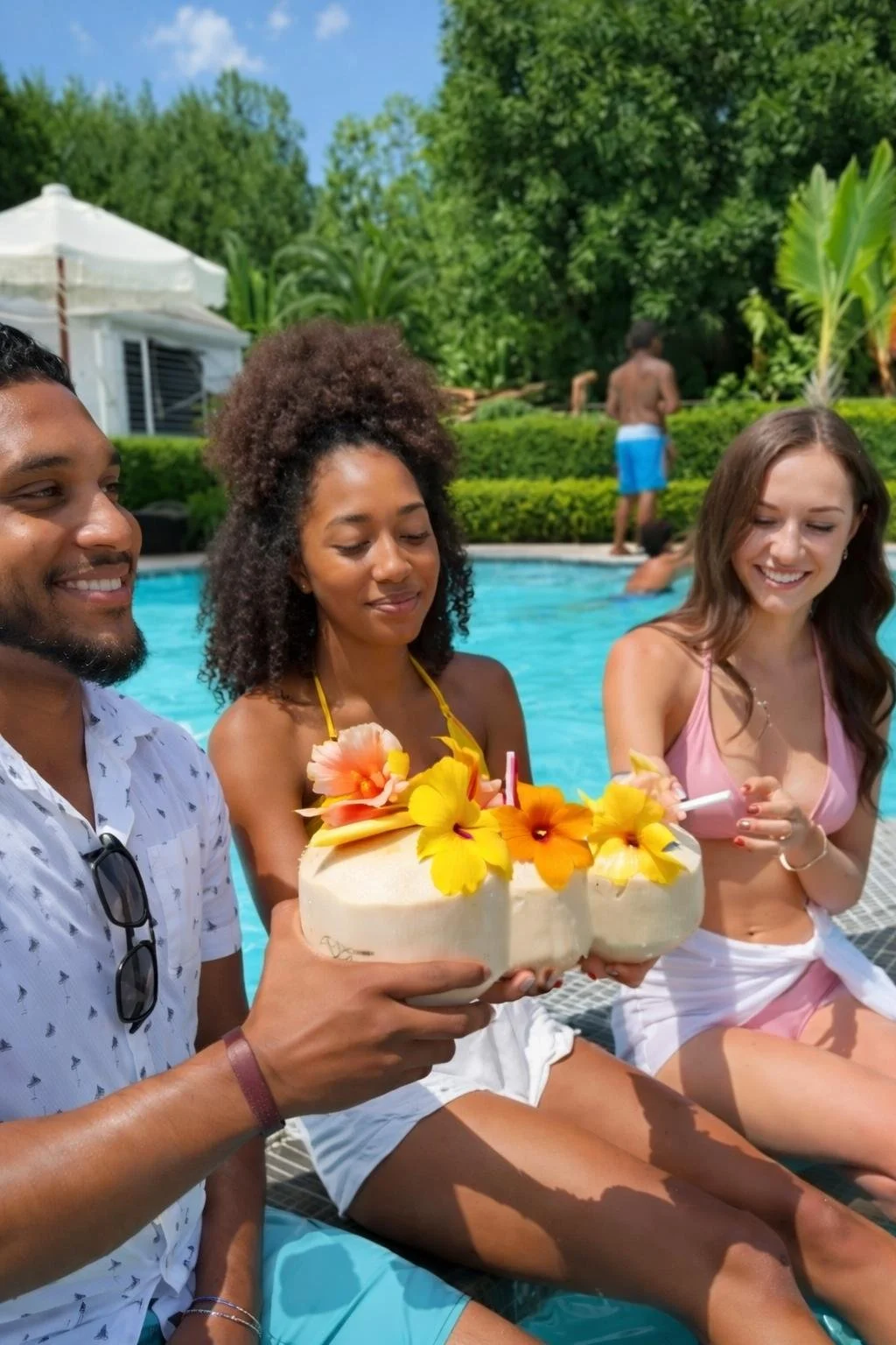 Three friends celebrating by a pool with a tropical drink decorated with hibiscus flowers