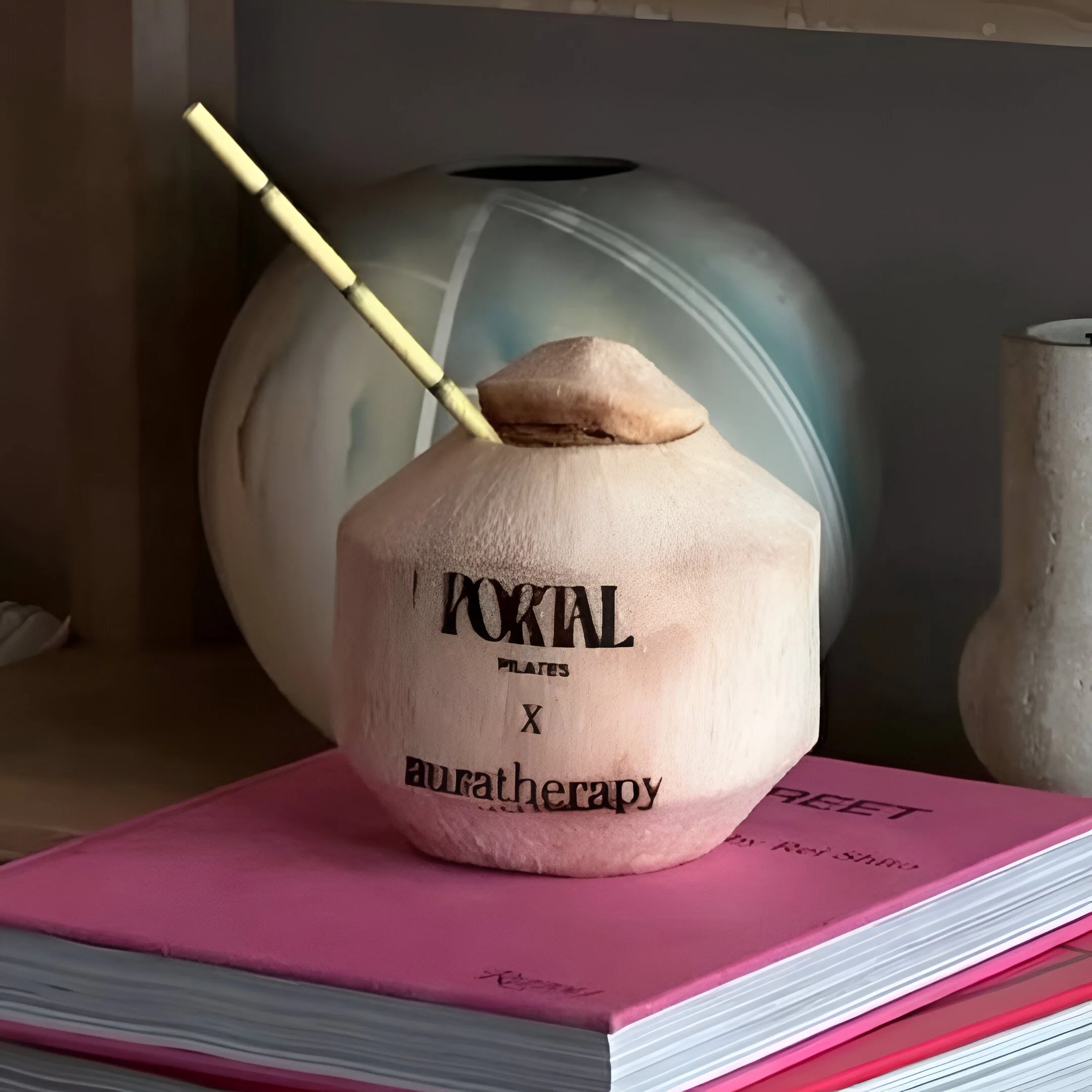 A printed coconut with black text reading "KOKAL PLATES x auratherapy" on its surface, placed on a pink notebook with text, in front of a decorative bowl and a ceramic vase.