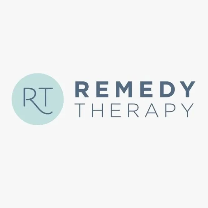 Remedy Therapy logo with a light blue circle containing the letters "RT" and the words "REM-EDY THERAPY" in dark and light blue text.