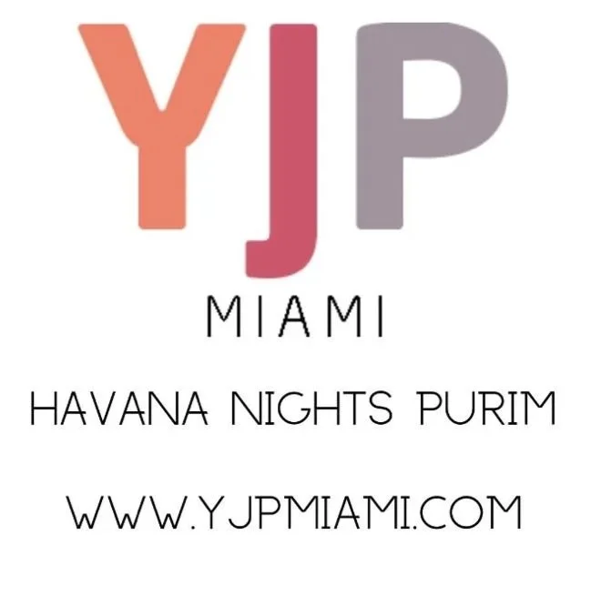 Logo with large stylized letters 'YJP' in shades of orange, pink, and purple, with the word 'Miami' underneath, followed by the text 'Havana Nights Purim' and a website URL 'www.yjpmami.com'.