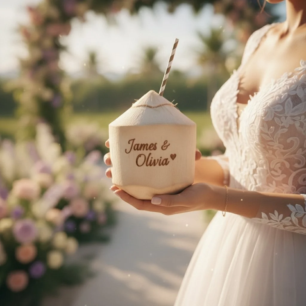 olivia-holding-custom-coconut-at-her-wedding.jpg