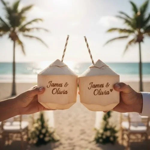 Two people holding coconuts with paper straws on a beach, with palm trees, sand, and ocean in the background. The coconuts have text that reads "James & Olivia" with a small heart.