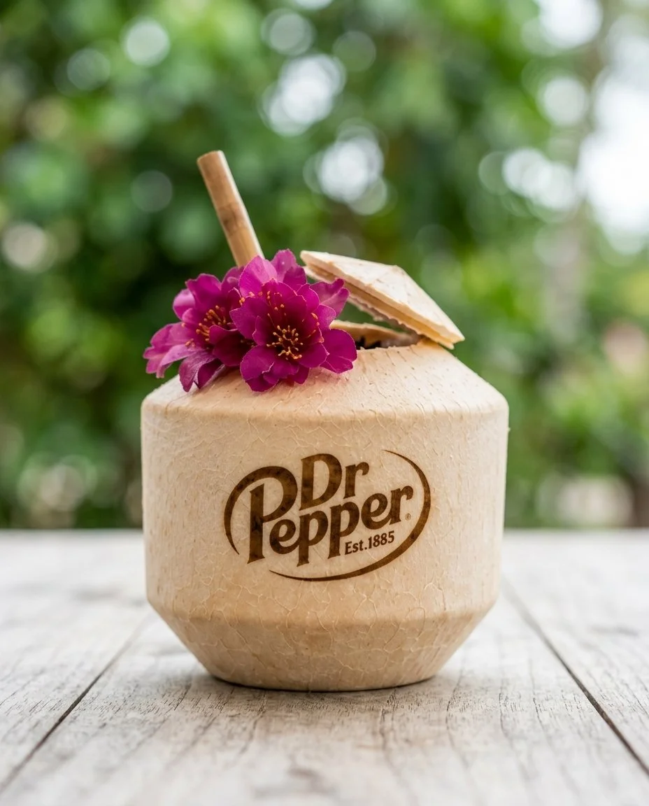 Branded coconut with a single-tone brown burned logo, bamboo straw, and a flower
