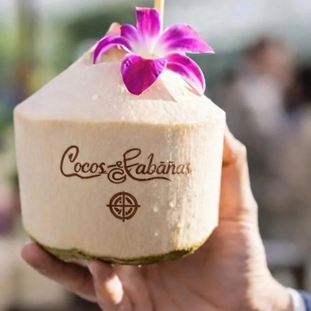 A person holding a fresh coconut with a pink orchid flower on top, and the words "Cocos y Cabañas" engraved on it, against a blurred background.