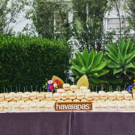 Table with small desserts and a sign that reads 'havaianas' outdoors with green bushes and plants in the background.