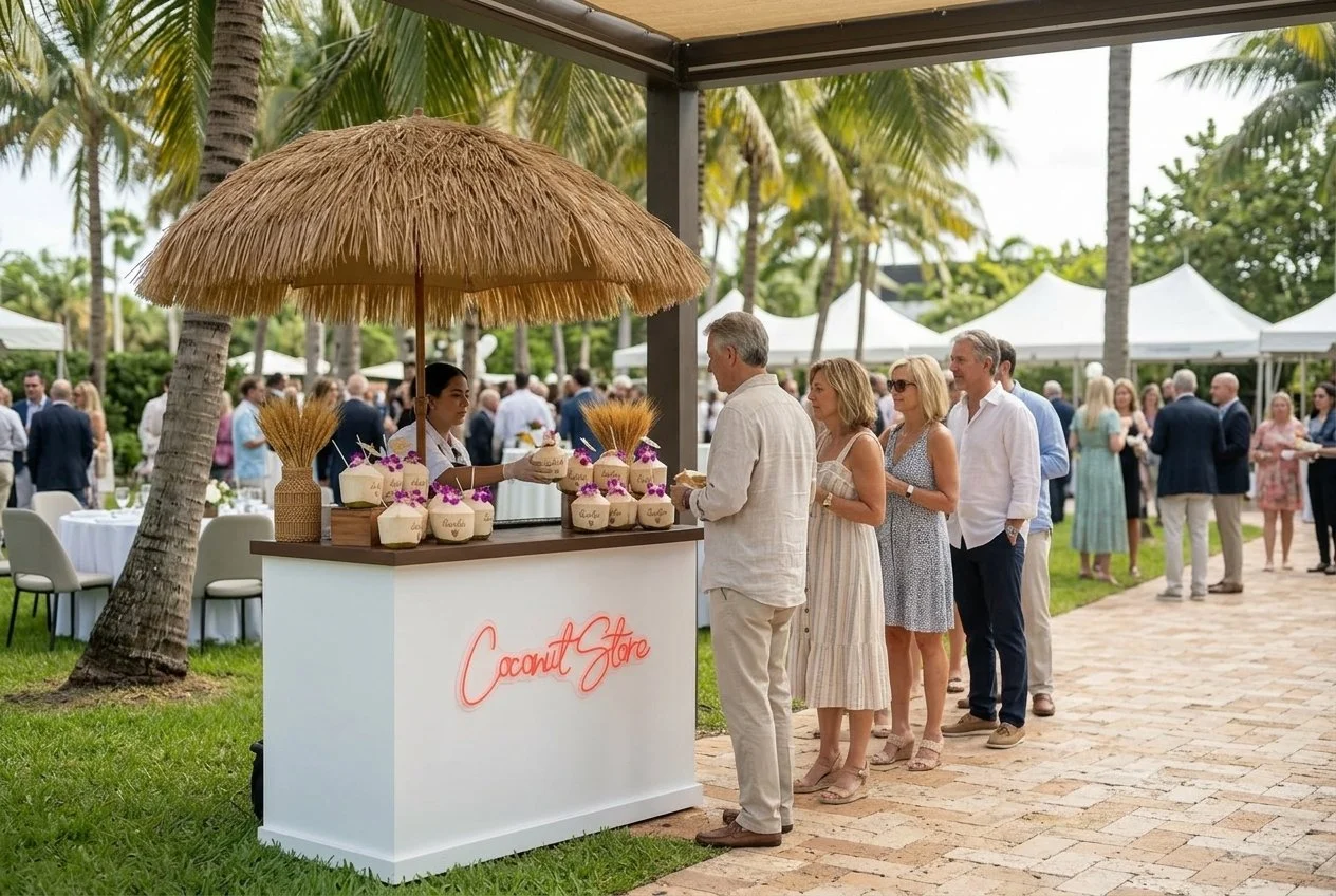 Shaded live coconut bar set up near the entrance of an outdoor event with guests walking past