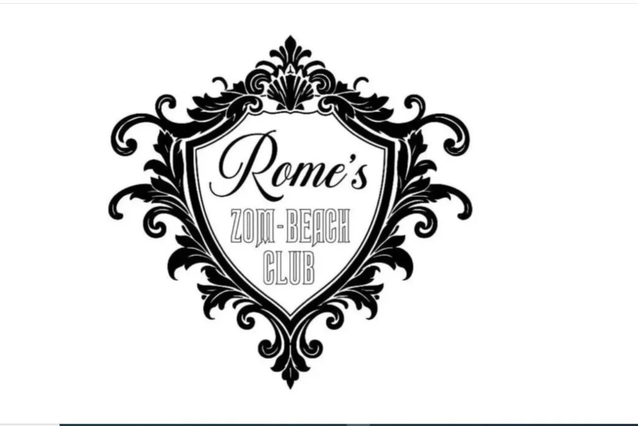 Logo for Rome's Zone Beach Club with black ornate crest design and stylized text.
