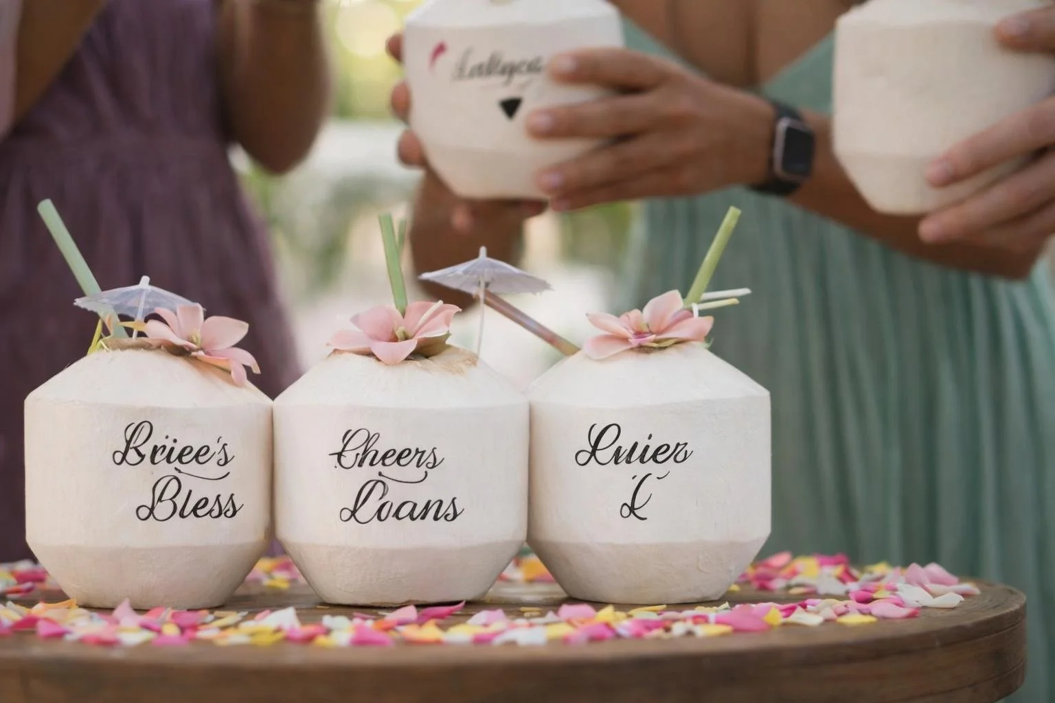 Three decorated coconuts with pink flowers, paper umbrellas, and straws on a table covered with colorful flower petals. Each coconut has a handwritten label: 'Brie's Bless,' 'Cheers Loans,' and 'Lucier L'.