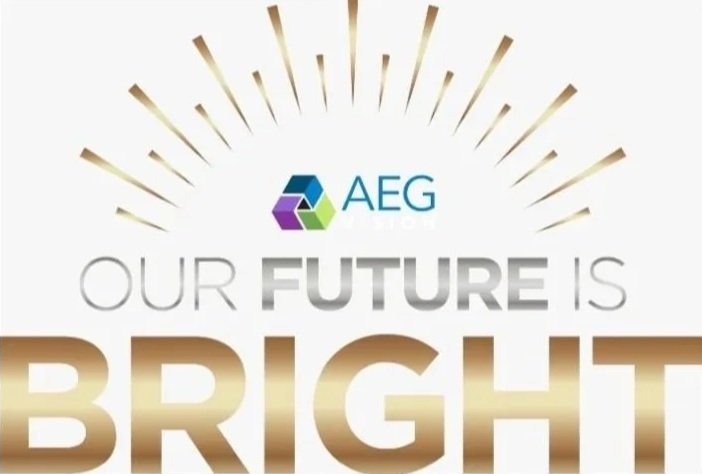 AEG logo with the slogan 'Our future is bright' in large gold and gray letters, with a radiating light design behind.