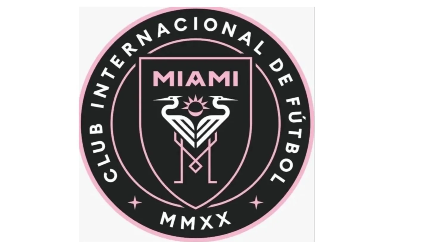 Black and pink circular emblem for the Miami Football Club, with two stylized herons facing each other, a sun in the center, and the words 'INTERNACIONAL DE FUTBOL CLUB MIAMI' around the border.