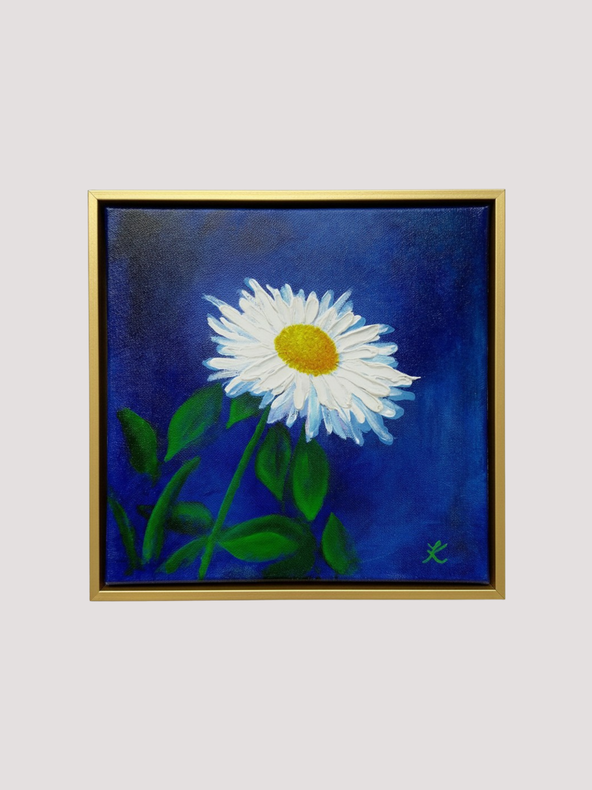 Framed acrylic painting of single daisy on cobalt blue background