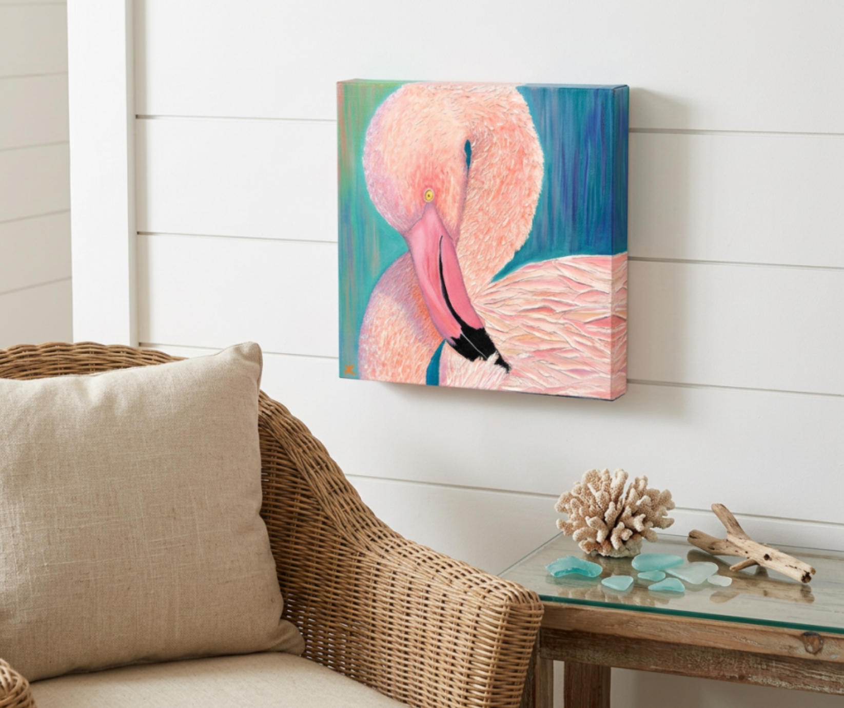 acrylic painting of a poised pink flamingo hanging on a wall