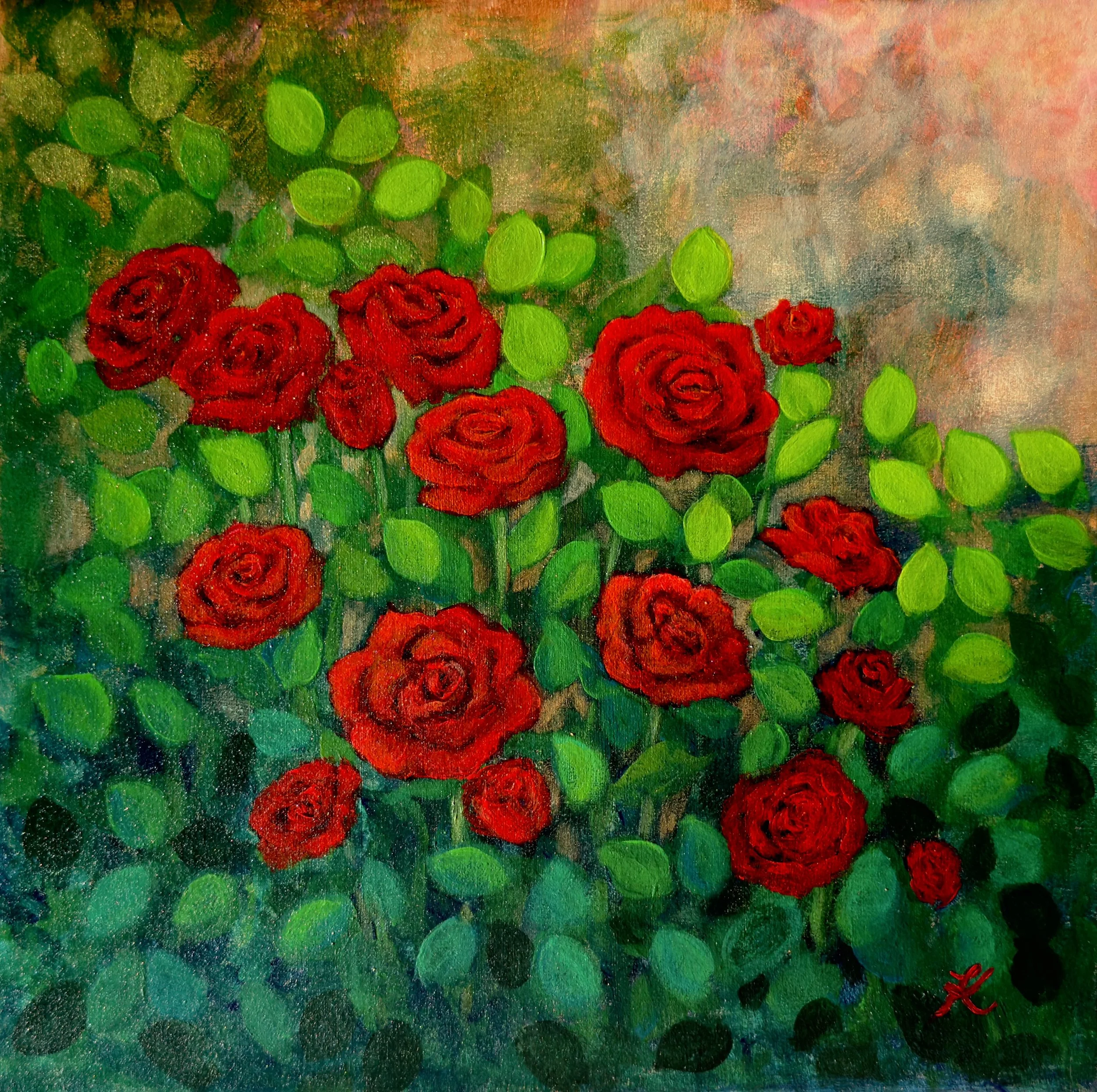 acrylic painting of red roses among leaves in shades of green