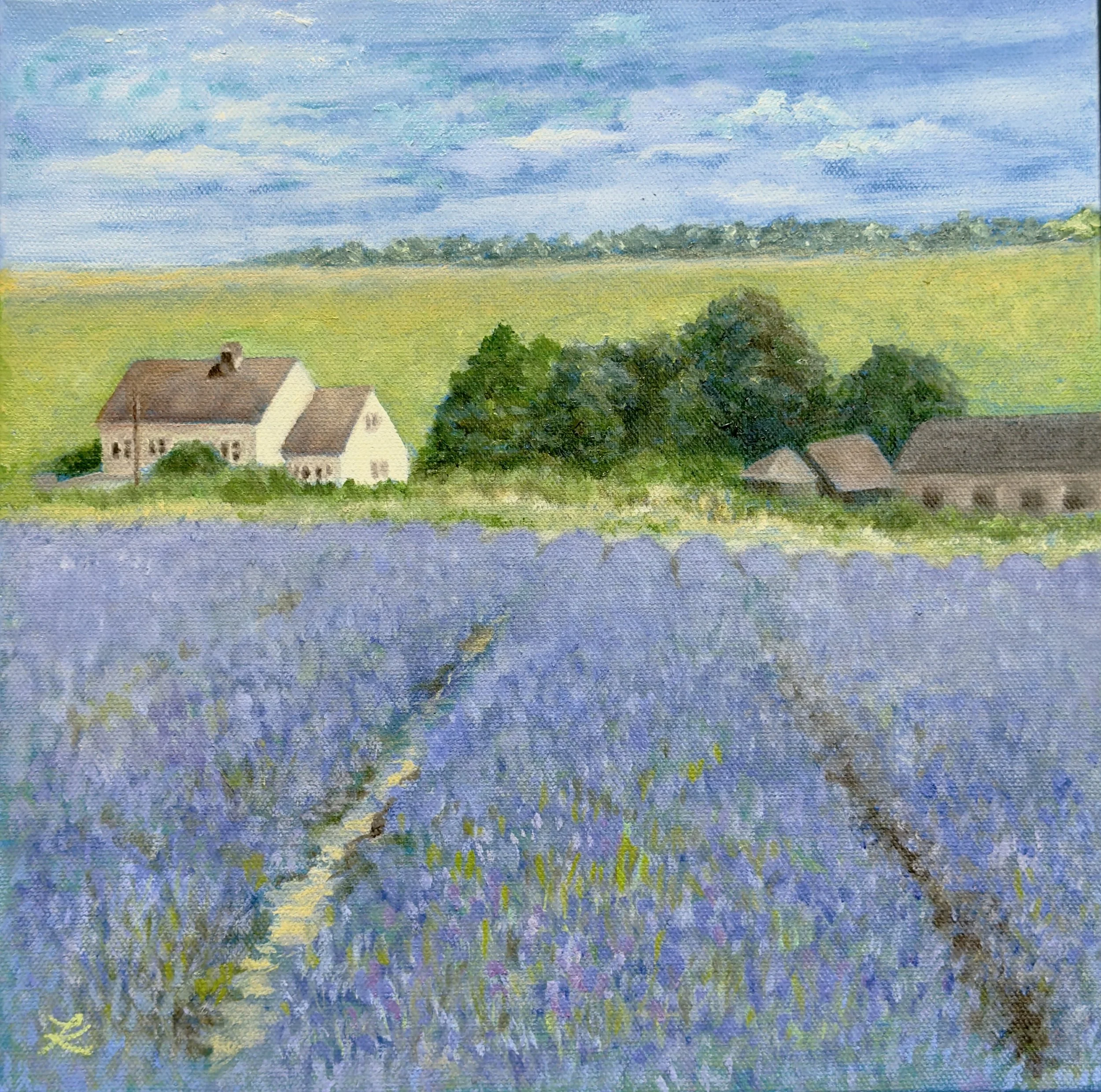 Oil painting of lavender fields leading to a country home