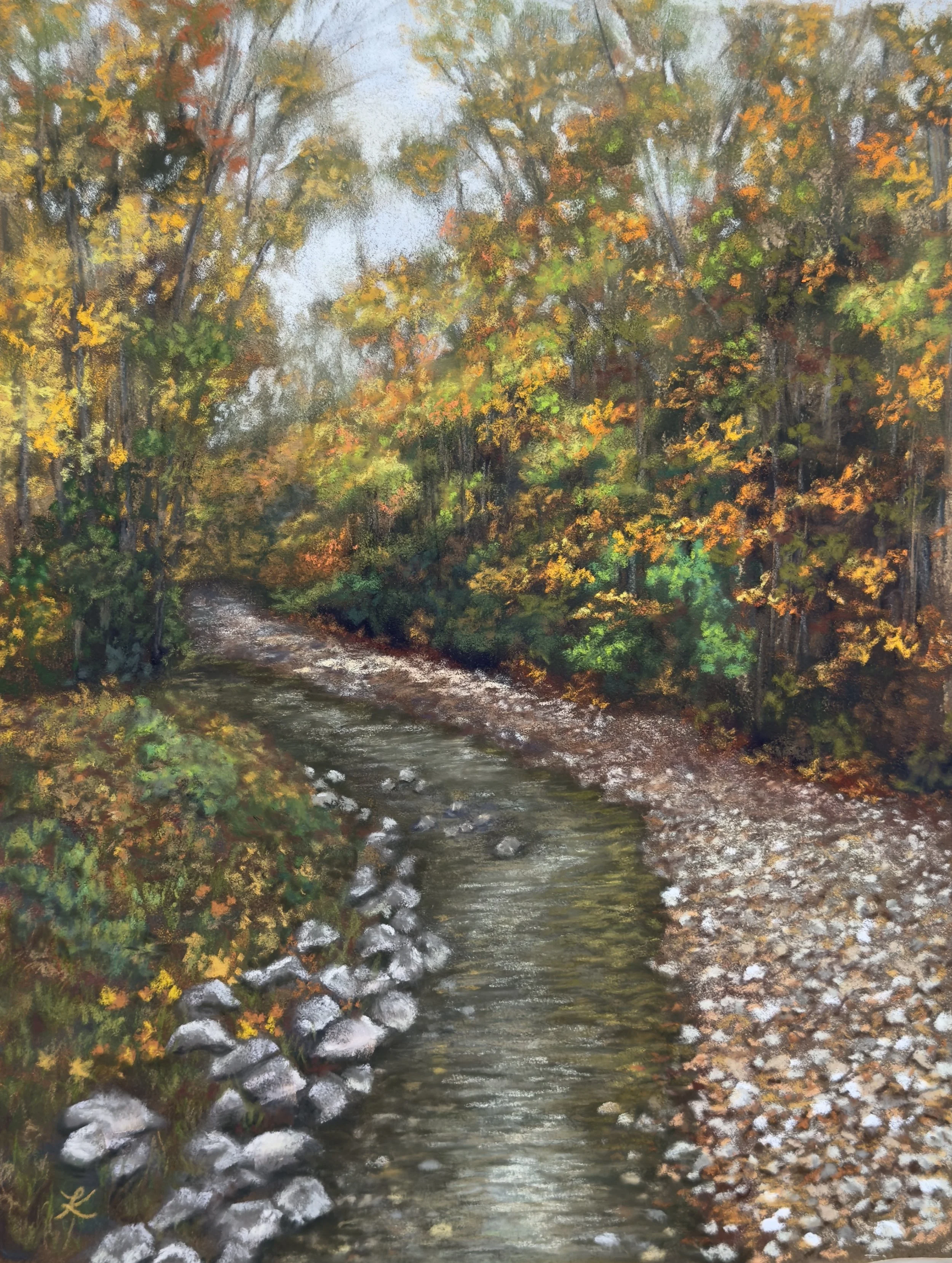 Painting of Vermont fall stream surrounded by trees filled with leaves of green, gold, and orange
