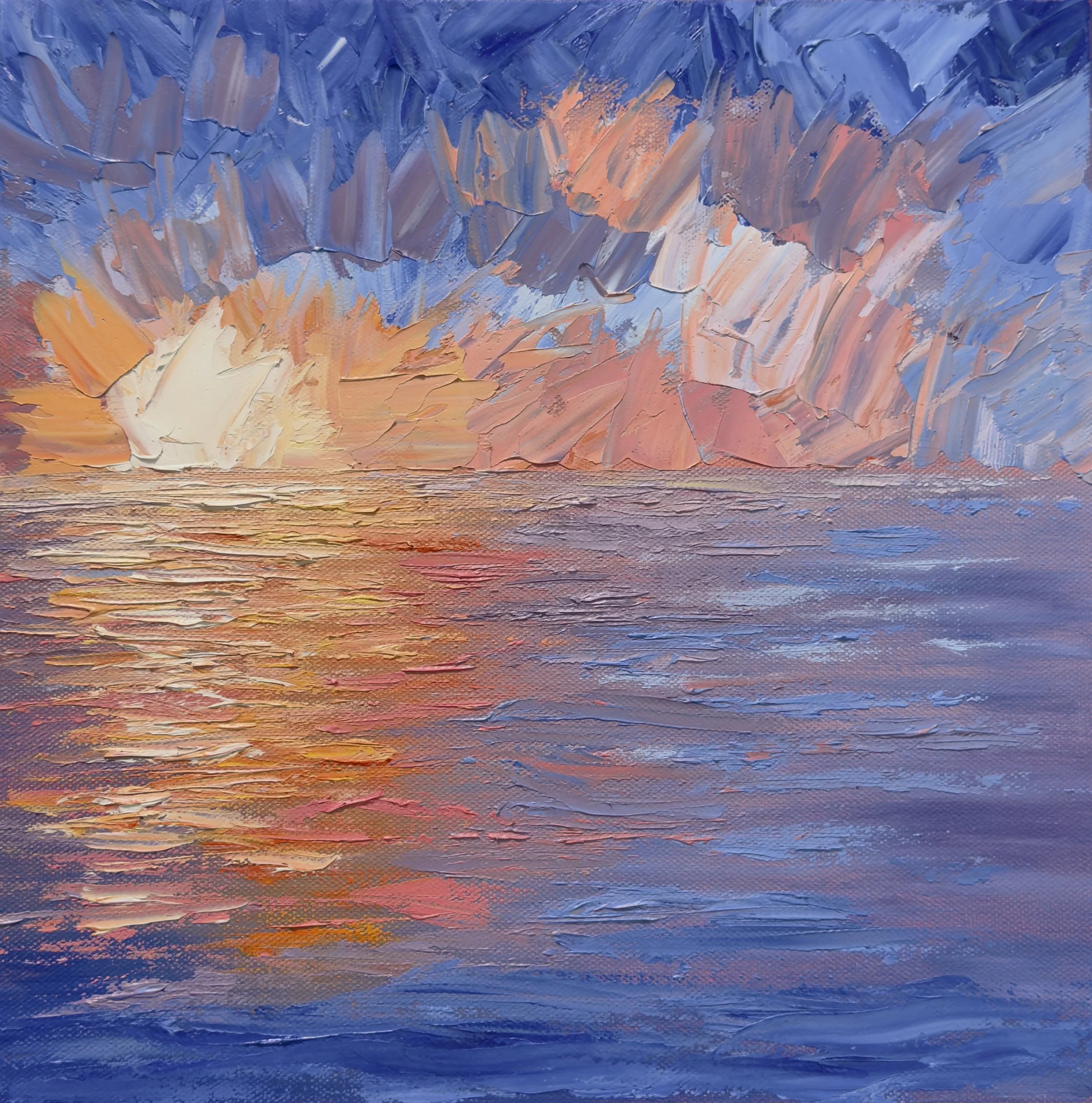 Impressionistic oil painting of a sunset over the ocean
