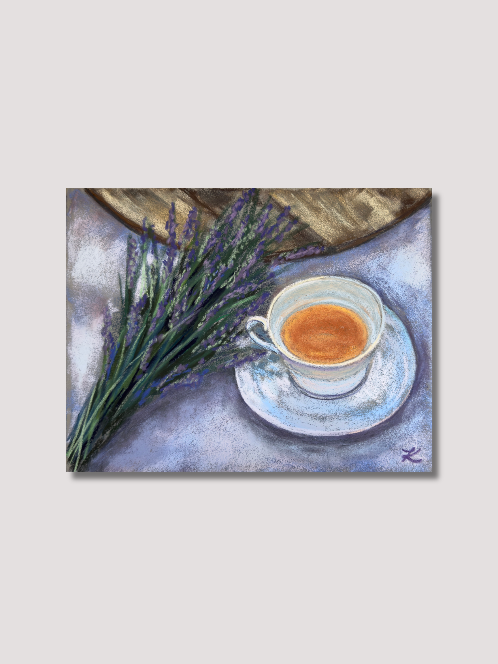 Soft pastel painting of a cup of tea and a bunch of lavender blooms