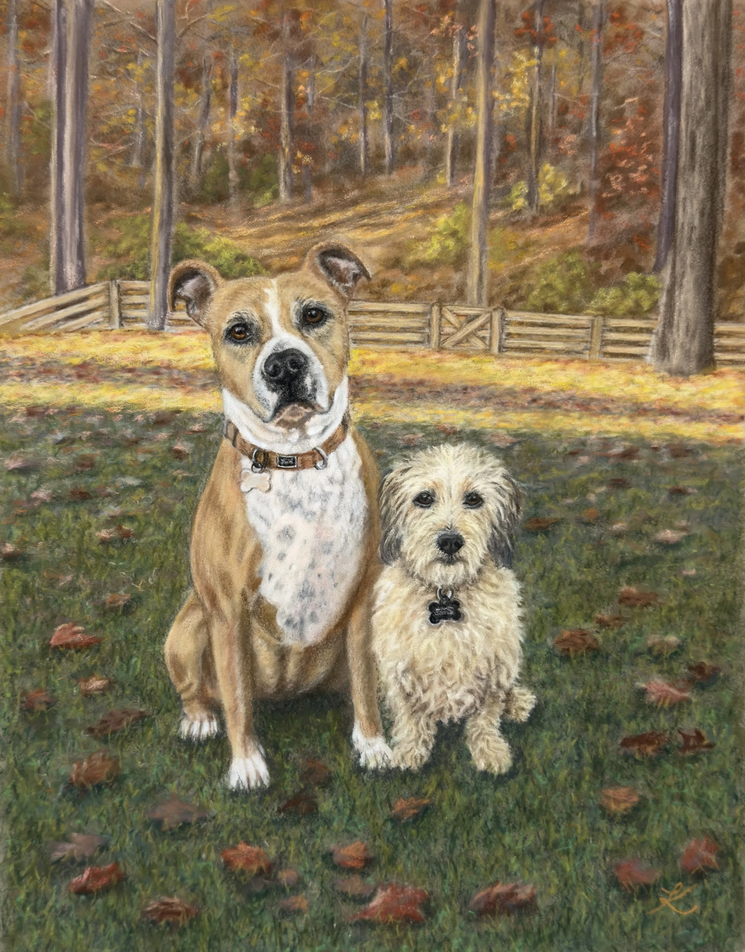 Soft pastel portrait of bulldog and small dog in fall landscape setting