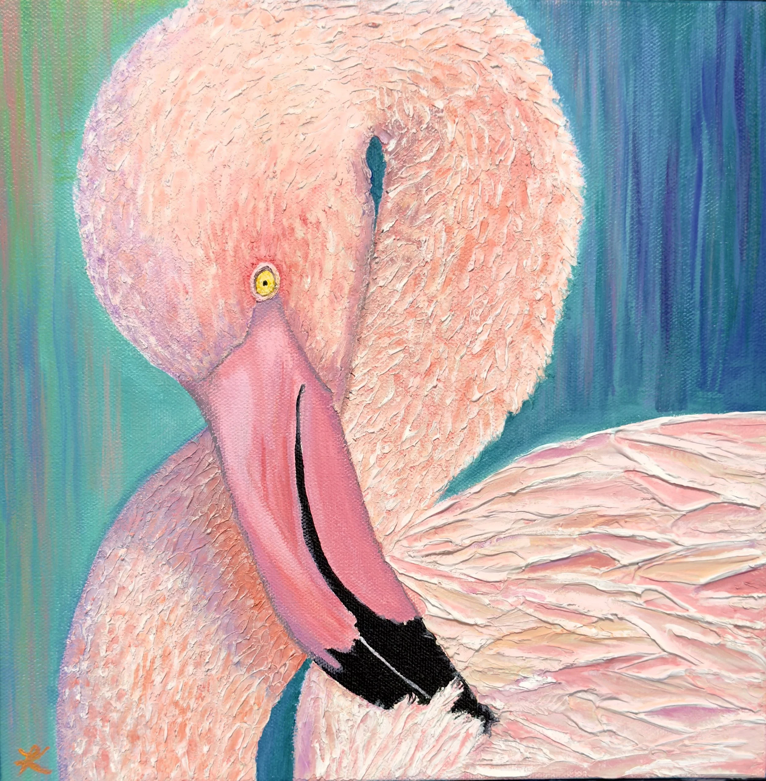 acrylic painting of a poised pink flamingo