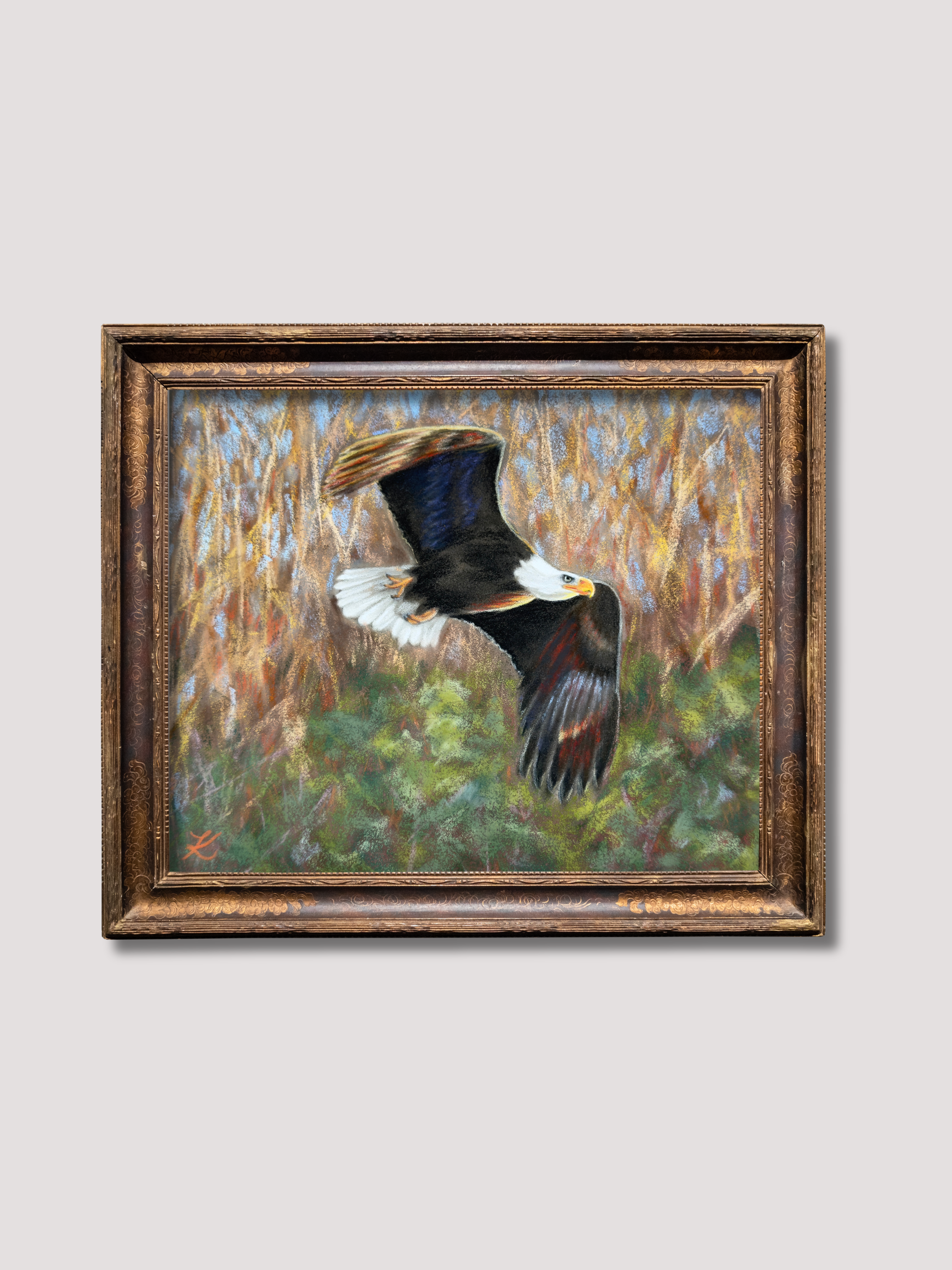 Framed bald eagle in flight with blurred landscape background