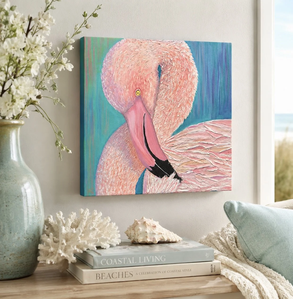 acrylic painting of a poised pink flamingo hanging on a wall