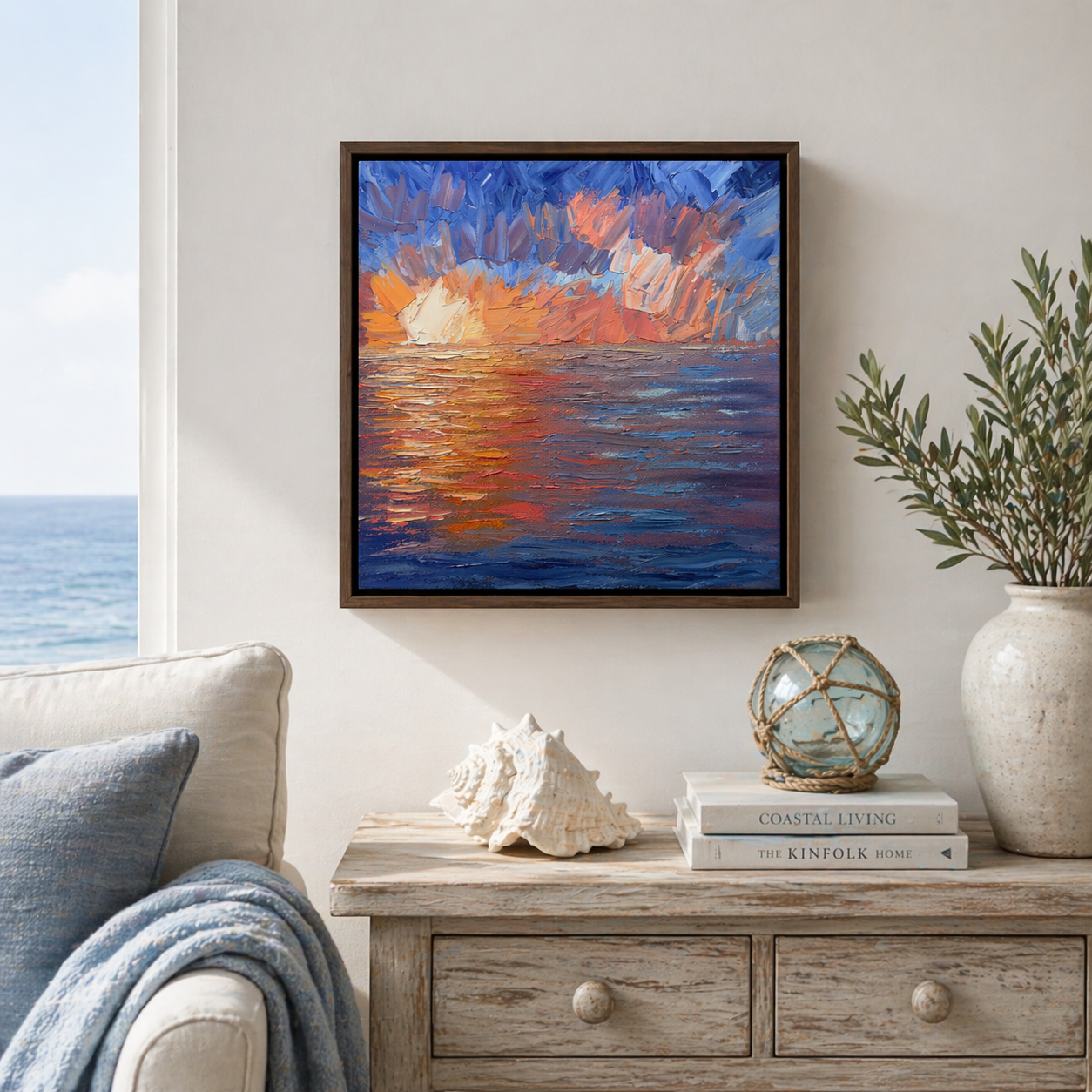 Impressionistic oil painting of a sunset over the ocean, hanging on a wall in a home