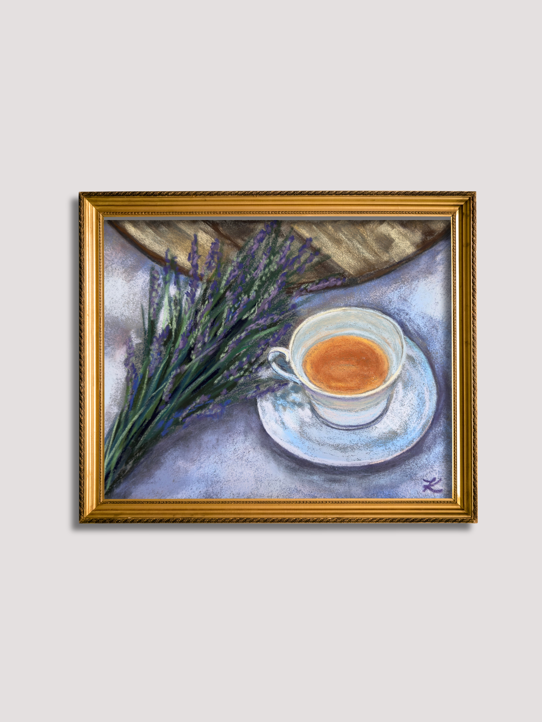 Framed soft pastel painting of a cup of tea and a bunch of lavender blooms