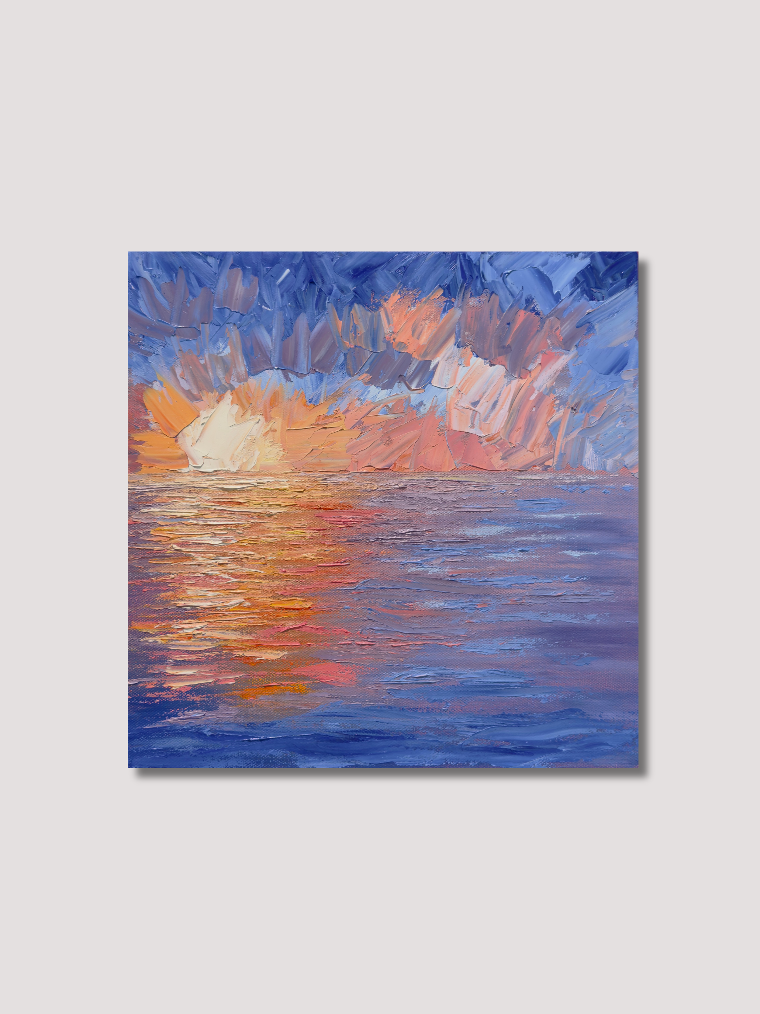 Impressionistic oil painting of a sunset over the ocean