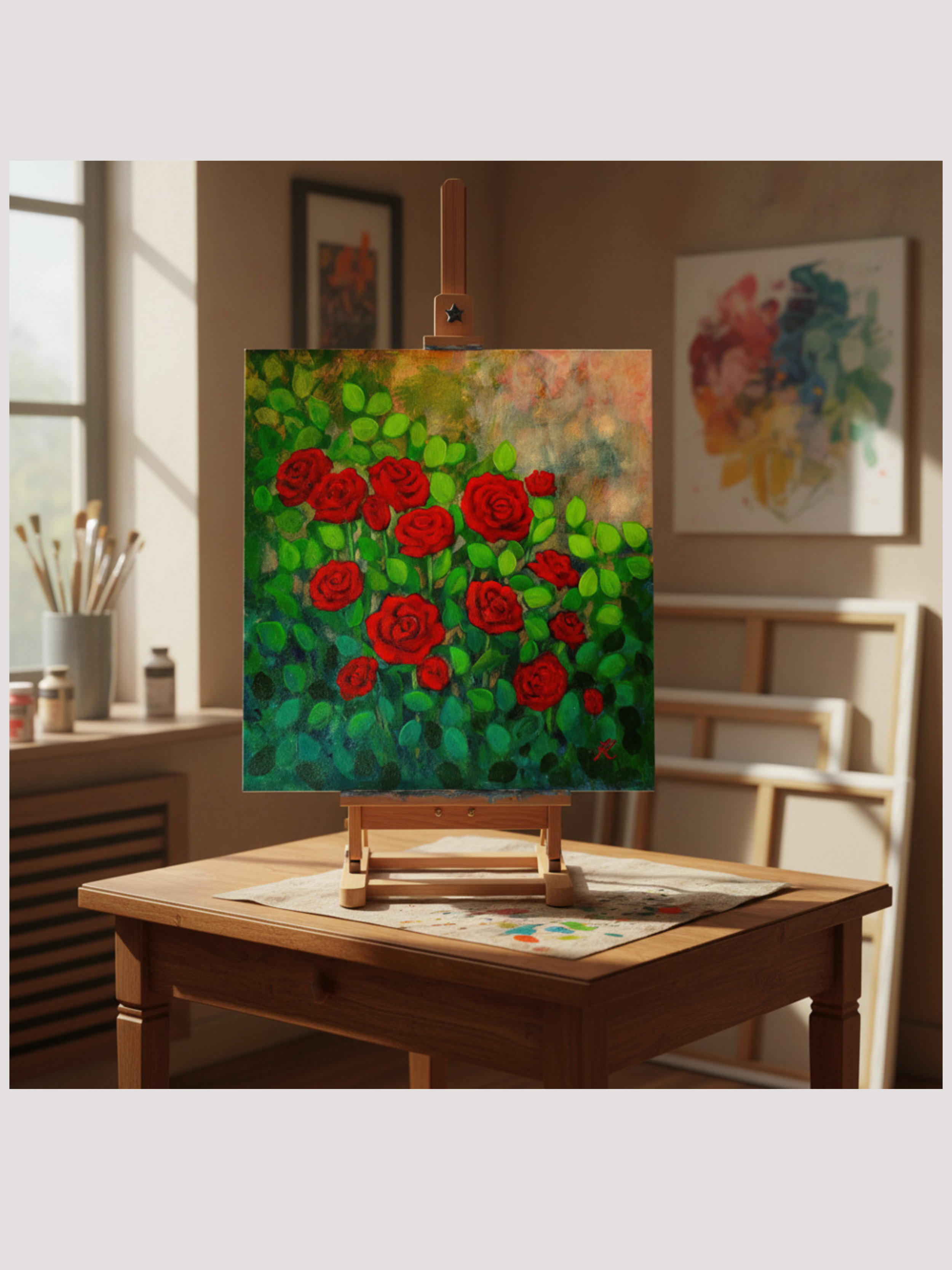 acrylic painting of red roses set on a tabletop easel