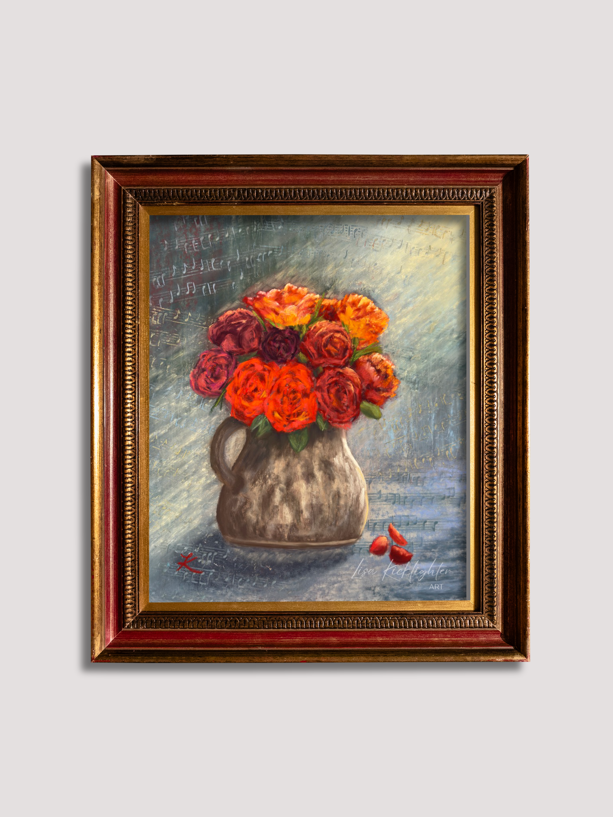 Framed soft pastel painting of clay vase with bouquet of roses in gleaming light surrounded by music